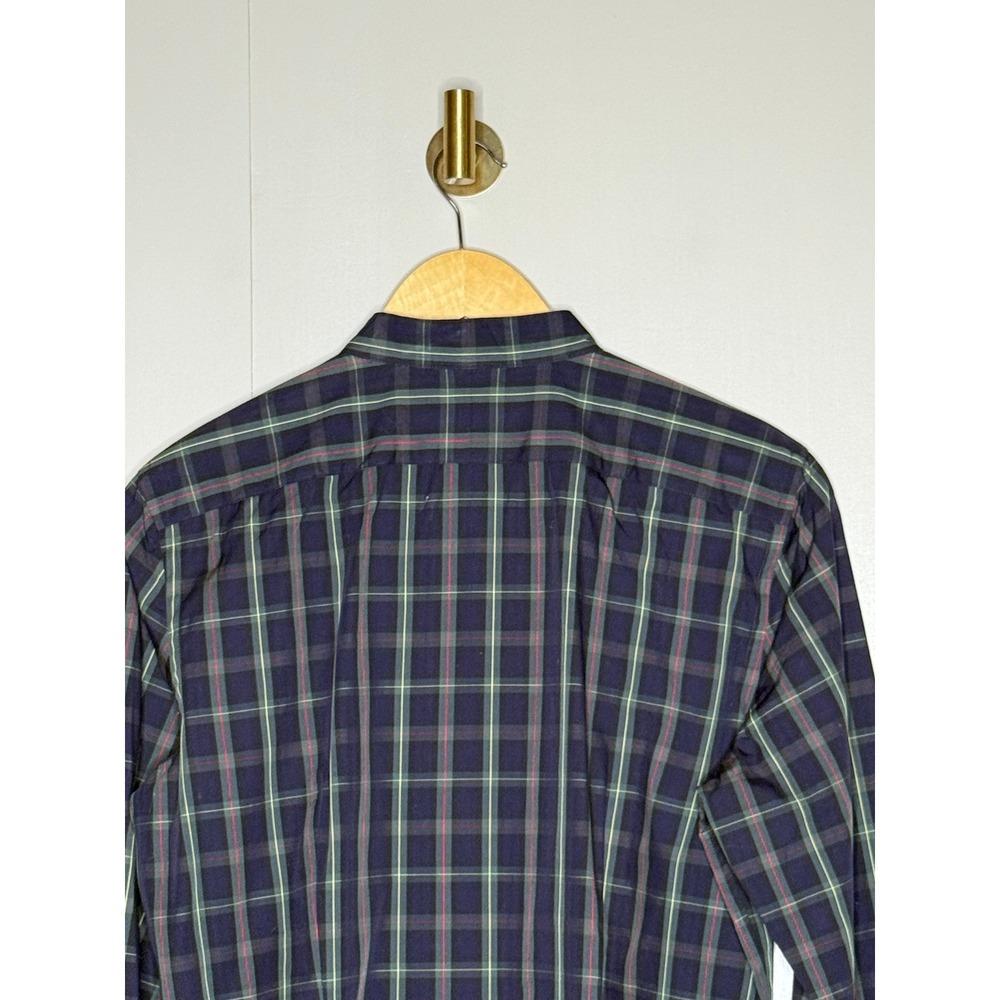 Chaps Navy Blue‎ Green Plaid Ruffle Front Band Collar Button Down Shirt Large - Picture 6 of 8